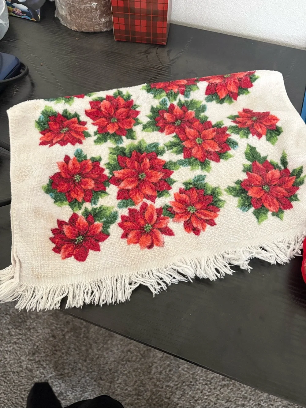Holiday Poinsettia Fringe Dish Towel And Pot Holder- Cream and Red